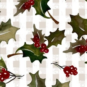 Vintage Christmas Holly with berrys - on Offwhite and Beige Gingham check  Background