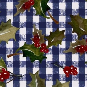 Vintage Christmas Holly with berrys - on Dark Blue Gingham check  Background