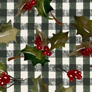 Vintage Christmas Holly with berrys - on Dark Green Gingham check  Background