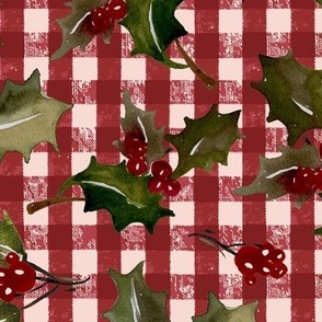 Vintage Christmas Holly with berrys - on Red Gingham check  Background