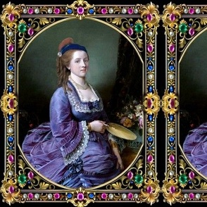 2 purple gowns bustle baroque victorian flowers floral beauty lace ballgowns portraits beautiful lady fans gold filigree swirls ringlet princess blue curly light brown barrel curls pearl necklace blue bows paintings woman leaves leaf acanthus ornate frame
