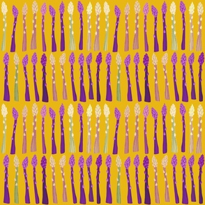  purple asparagus spears marching in line on mustard yellow back ground (medium)