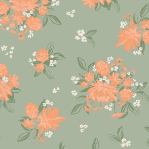 Peachy Blooms soft green background large scale