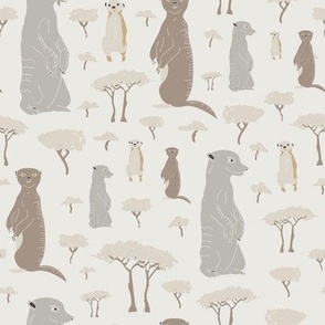 Cute hand drawn meerkat family happily hanging out together in the African dessert