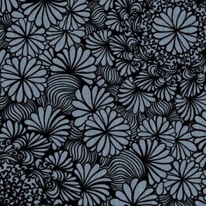 Sea Anemone Mandala Flowers  Black Line Art Denim Blue