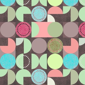 Geometric blue, green, pink pattern on a brown background.