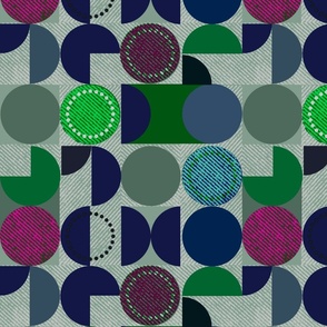 Geometric blue, green, crimson pattern on a light background.