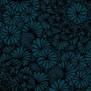 Sea Anemone Mandala Flowers  Black Line Art Dark Teal Blue Green