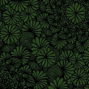 Sea Anemone Mandala Flowers  Black Line Art Seventies  Avocado Green