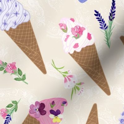 Medium Flower Topped Ice Cream Cones on Cream Texture