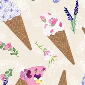 Medium Flower Topped Ice Cream Cones on Cream Texture