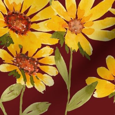 Scattered Sunflowers - Burgundy