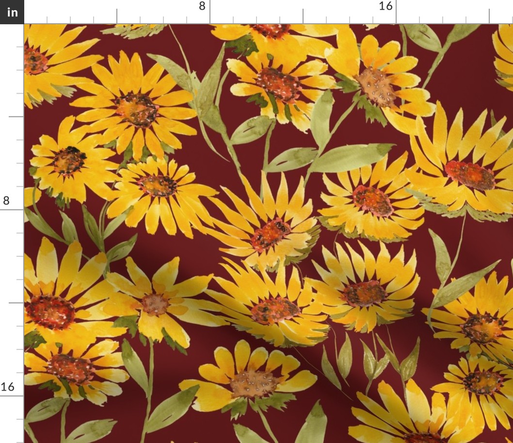 Scattered Sunflowers - Burgundy
