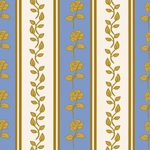 Regency stripe gold roses and leaves blue and white