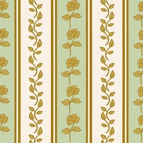 Regency stripe gold roses and leaves green and white