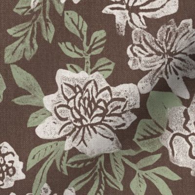 English Garden. Vintage chintz floral in chocolate brown and mint green