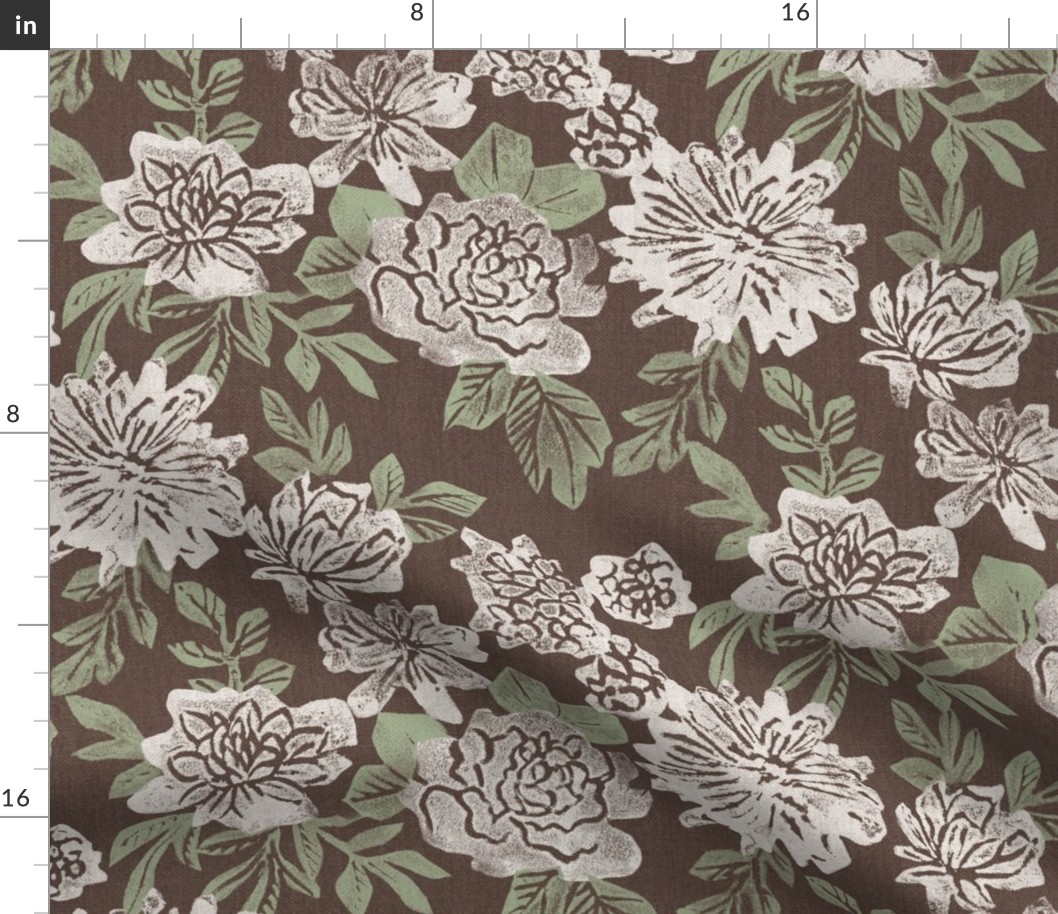 English Garden. Vintage chintz floral in chocolate brown and mint green