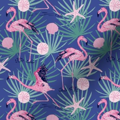 (S) Dancing Flamingos in Blue Background