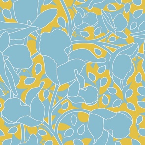 Medium Tropical Blossoms and Teardrop Leaves Outline in blue on yellow and blue