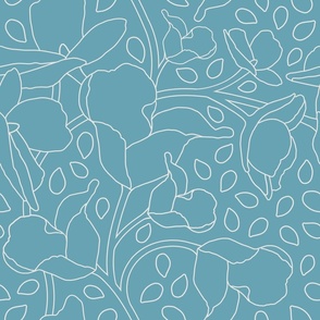 Medium Tropical Blossoms and Teardrop Leaves Outline in cream on teal