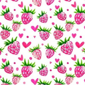strawberry treat spring watercolor garden pink heart fruit fabric pattern