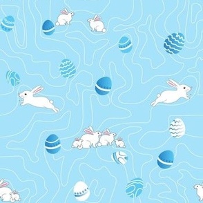 Easter Bunnies Jumping _ Eggs on blue 7x7
