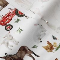 Medium- Captivating Watercolor: Rustic Farm Life Depicted Through Hand-Painted Colorful Animals, Barns, and Tractors on white 