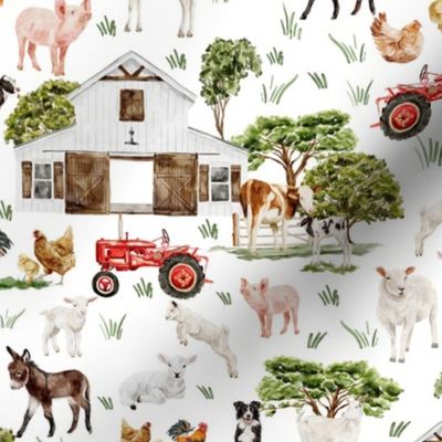 Medium- Captivating Watercolor: Rustic Farm Life Depicted Through Hand-Painted Colorful Animals, Barns, and Tractors on white 