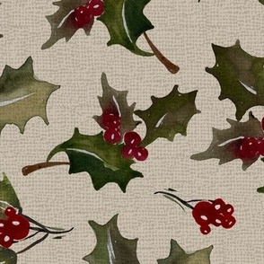 Vintage Christmas Holly with berrys - Cream Background