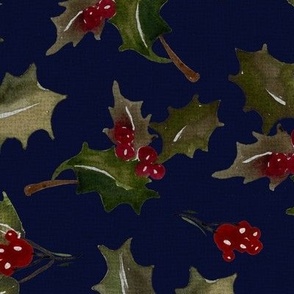 Vintage Christmas Holly with berrys - Dark Blue Background