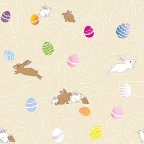 Easter Bunnies Jumping _ Eggs colorful on cream 7x7