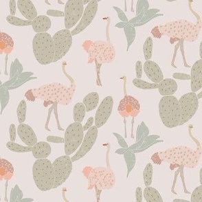  Ostriches roaming in Africa, soft green- soft pink, small