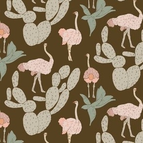  Ostriches roaming in Africa, green-pink-brown, small