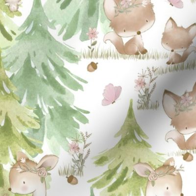 Woodland Floral Forest Animals Baby Girl Nursery Large Size