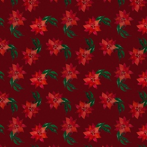 Vintage Christmas Holiday Poinsettias  - Noel Print - Dark Red structure  Background