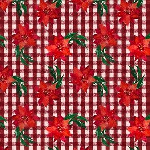 Vintage Christmas Holiday Poinsettias  - Noel Print - Red Gingham Check Background 