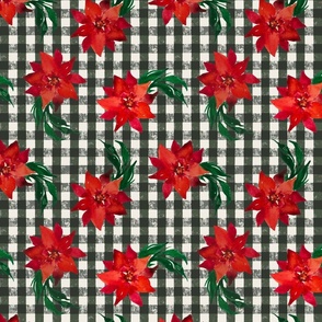 Vintage Christmas Holiday Poinsettias  - Noel Print - Dark Green Gingham Check Background 