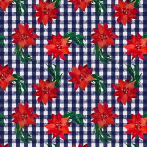 Vintage Christmas Holiday Poinsettias  - Noel Print - Dark Blue Navy Check Background 