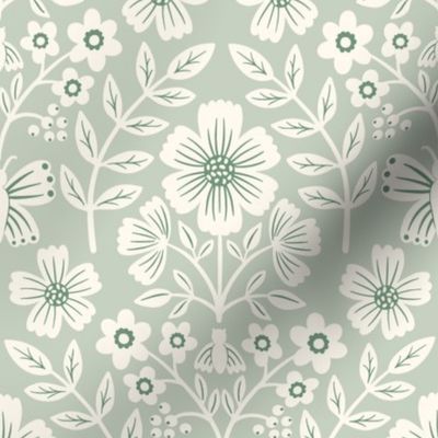 Romantic floral damask in sage green, large scale