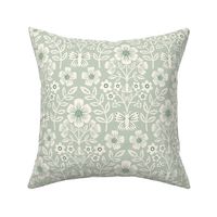 Romantic floral damask in sage green, large scale