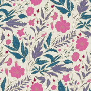 Stylised Wild Flowers & Leaves Pink