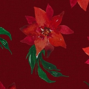 Vintage Christmas Holiday Poinsettias  - Noel Print - Dark Red structure  Background - LARGE SIZE