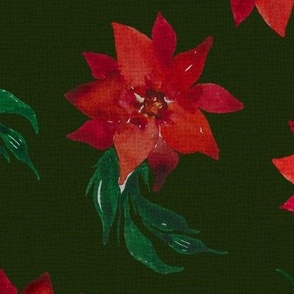 Vintage Christmas Holiday Poinsettias  - Noel Print - Dark Green structure  Background - LARGE SIZE