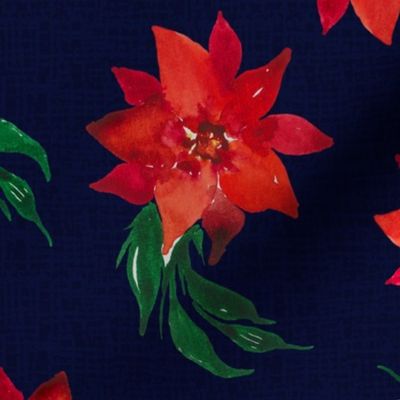 Vintage Christmas Holiday Poinsettias  - Noel Print - Dark blue structure  Background - LARGE SIZE