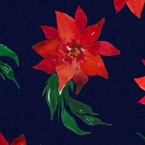 Vintage Christmas Holiday Poinsettias  - Noel Print - Dark blue structure  Background - LARGE SIZE