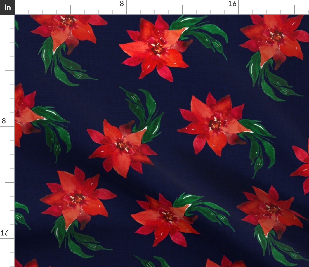 Vintage Christmas Holiday Poinsettias  - Noel Print - Dark blue structure  Background - LARGE SIZE