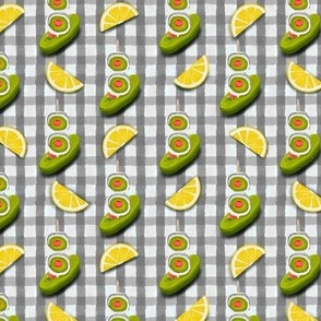 6” repeat Anchovies and olives on Cornichon gherkin boats with lemon quarters on watercolour hand painted gingham in grey and off white  with faux woven texture