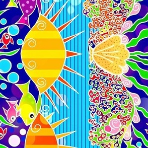 Colorful Fish, coral, shells, sun  Border Print Vertical /Approx 8" fabric  border/ 6" wallpaper Border  