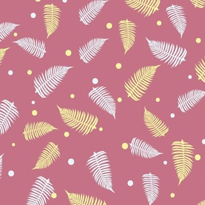 Fern Forest Rose Dark Pink Tropical Tossed Ferns Medium Scale Wallpaper Home Decor Fabric