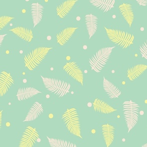 Fern Forest Pale Green, Yellow, and Beige Tropical Tossed Ferns Medium Scale Wallpaper Home Decor Fabric.